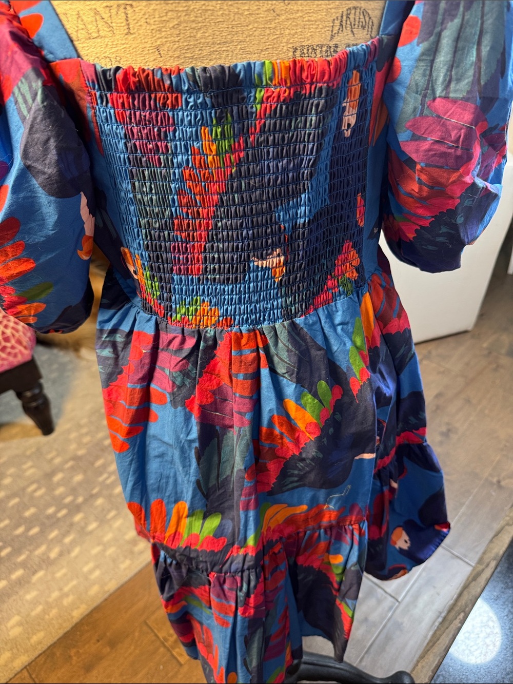 Farm Rio rainbow macaw mini dress Blue Puff Sleeve. - Picture 6 of 9